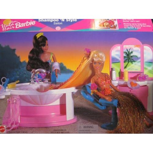 바비 Barbie HULA HAIR SHAMPOO N STYLE SALON Playset w SINK & Working SPRAY HOSE (1996 Arcotoys, Mattel)