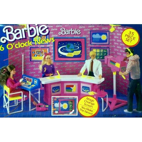 바비 Barbie 6 OCLOCK NEWS 35 Piece Playset w MAGIC CHANGE SCREEN (1987 Arco Toys, Mattel)