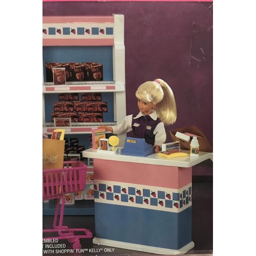 바비 Barbie Shoppin Fun Supermarket Playset w Shelf Unit, Check Out Counter, Freezer, Magnetic Treats & More (1996 Arcotoys, Mattel)