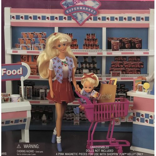 바비 Barbie Shoppin Fun Supermarket Playset w Shelf Unit, Check Out Counter, Freezer, Magnetic Treats & More (1996 Arcotoys, Mattel)