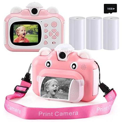  Barchrons Instant Print Digital Kids Camera 1080P Rechargeable Kids Camera for Girls Video Camera with 32G SD Card Gift for 6-12 Years Old Girls Boys Merry Christmas