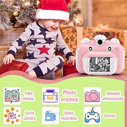  Barchrons Instant Print Digital Kids Camera 1080P Rechargeable Kids Camera for Girls Video Camera with 32G SD Card Gift for 6-12 Years Old Girls Boys Merry Christmas