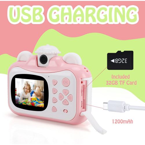  Barchrons Instant Print Digital Kids Camera 1080P Rechargeable Kids Camera for Girls Video Camera with 32G SD Card Gift for 6-12 Years Old Girls Boys Merry Christmas