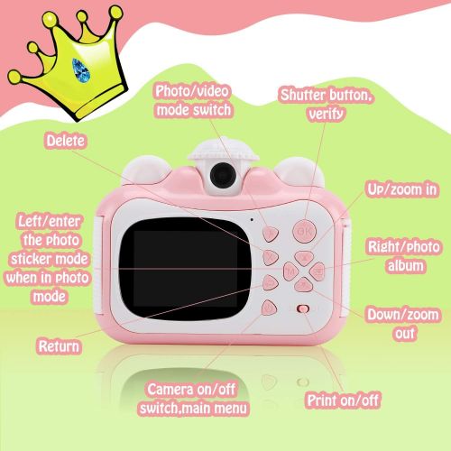  Barchrons Instant Print Digital Kids Camera 1080P Rechargeable Kids Camera for Girls Video Camera with 32G SD Card Gift for 6-12 Years Old Girls Boys Merry Christmas