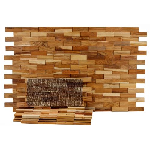  Bare Decor EZ-Wall Brick 3D Pattern Tile in Solid Teak Wood, Set of 10 Natural Finish Tiles