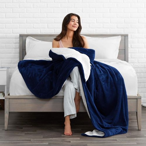  [아마존 핫딜] [아마존핫딜]Bare Home Sherpa Fleece Blanket - Full/Queen - Fluffy & Soft Plush Bed Blanket - Hypoallergenic - Reversible - Lightweight (Full/Queen, Dark Blue)