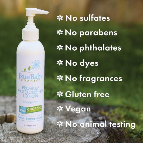  BareBaby Organics Organic Baby Lotion  For Normal, Dry or Sensitive Skin  No Added Fragrances - Eczema Friendly Moisturizer  With Aloe Vera, Coconut Oil, Shea Butter  Gluten Free  8oz