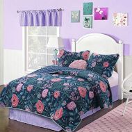 Barefoot Rose Teal Full Queen Quilt Set,Turquoise Floral Twin Bedding,Candy Pink Green Garden Leaves Leaf Spring Tropical Jungle Park Natural Dark Flowers Colorful Cotton Female Girls Refre