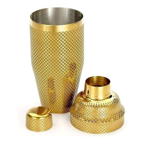  Barfly 3-Piece Diamond Lattice Etch Japanese Cocktail Shaker Set (24 Oz/700ml), Gold Plated