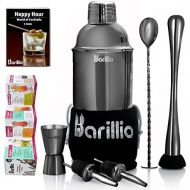 [아마존베스트]Black Cocktail Shaker Set Bartender Kit by BARILLIO: 24 oz Stainless Steel Martini Mixer, Muddler, Mixing Spoon, jigger, 2 liquor pourers, Velvet Bag, Recipes Booklet & eBook