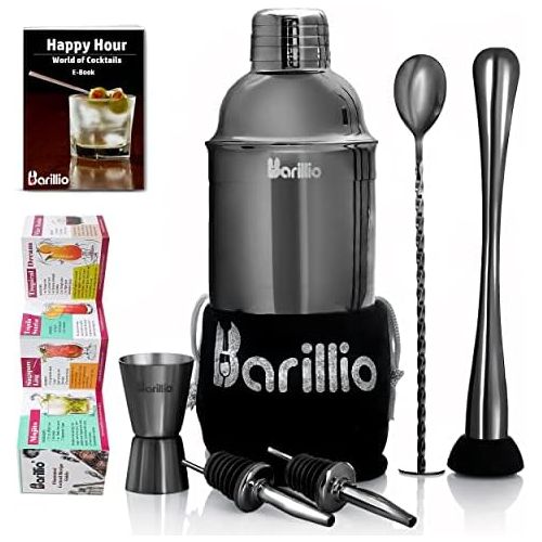  [아마존베스트]Black Cocktail Shaker Set Bartender Kit by BARILLIO: 24 oz Stainless Steel Martini Mixer, Muddler, Mixing Spoon, jigger, 2 liquor pourers, Velvet Bag, Recipes Booklet & eBook