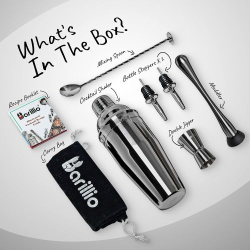  [아마존베스트]Black Cocktail Shaker Set Bartender Kit by BARILLIO: 24 oz Stainless Steel Martini Mixer, Muddler, Mixing Spoon, jigger, 2 liquor pourers, Velvet Bag, Recipes Booklet & eBook