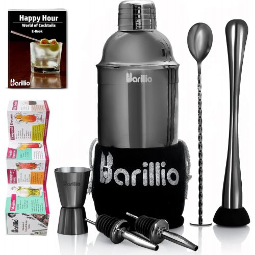  [아마존베스트]Black Cocktail Shaker Set Bartender Kit by BARILLIO: 24 oz Stainless Steel Martini Mixer, Muddler, Mixing Spoon, jigger, 2 liquor pourers, Velvet Bag, Recipes Booklet & eBook