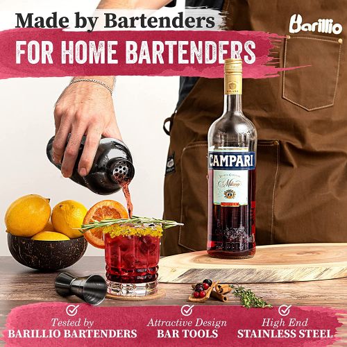  [아마존베스트]Black Cocktail Shaker Set Bartender Kit by BARILLIO: 24 oz Stainless Steel Martini Mixer, Muddler, Mixing Spoon, jigger, 2 liquor pourers, Velvet Bag, Recipes Booklet & eBook