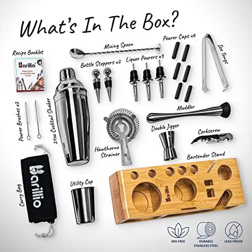  [아마존베스트]Black 23-Piece Bartender Kit Cocktail Shaker Set by BARILLIO: Stainless Steel Bar Tools With Sleek Bamboo Stand, Velvet Carry Bag & Recipes Booklet | Ultimate Drink Mixing Adventur