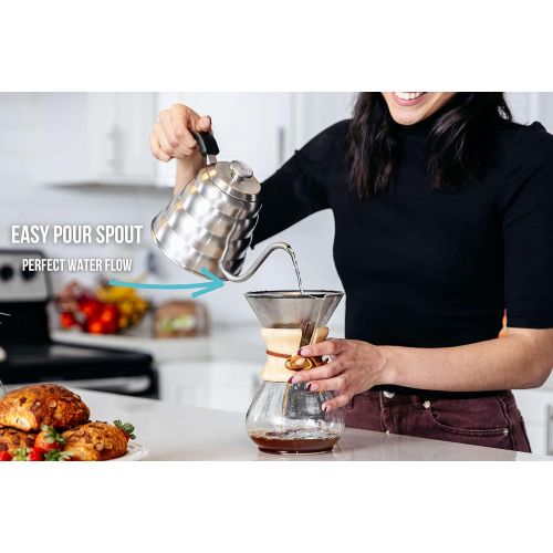  Barista Warrior Gooseneck Kettle for Pour Over Coffee and Tea with Thermometer for Exact Temperature, Precision Pour Drip Spout, Compatible with all Stove Tops (Copper Coated, 1.2