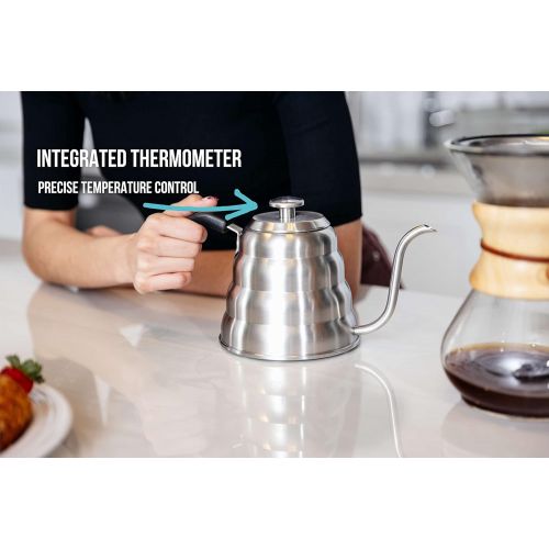  Barista Warrior Gooseneck Kettle for Pour Over Coffee and Tea with Thermometer for Exact Temperature, Precision Pour Drip Spout, Compatible with all Stove Tops (Copper Coated, 1.0