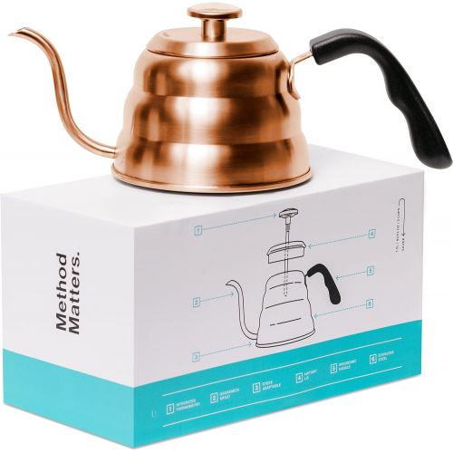  Barista Warrior Gooseneck Kettle for Pour Over Coffee and Tea with Thermometer for Exact Temperature, Precision Pour Drip Spout, Compatible with all Stove Tops (Copper Coated, 1.0