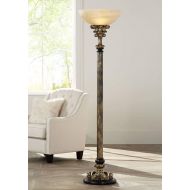 Florencio Traditional Torchiere Antique Gold Column Amber Glass Shade Foot Dimmer for Living Room Bedroom Office Uplight - Barnes and Ivy