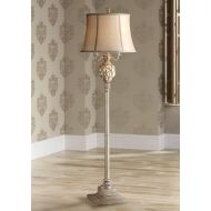 Olde Traditional Floor Lamp with Nightlight LED Olde Silver Mercury Glass Faux Silk Bell Shade for Living Room Reading - Barnes and Ivy
