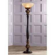 Rita Traditional Torchiere Floor Lamp Carved Wood Amber Glass Shade Foot Dimmer for Living Room Bedroom Office Uplight - Barnes and Ivy