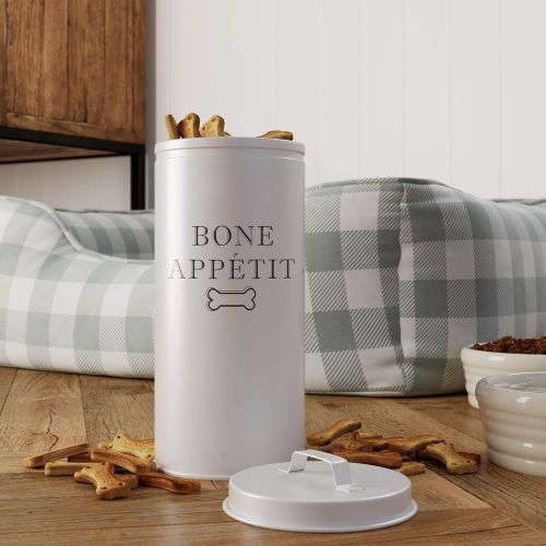  Barnyard Designs Pet Food Treat Canister with Lid, Tin Storage Container Jar for Dog Biscuit Cookies, Cute Rustic Farmhouse Decor, White, 7.75” x 6”