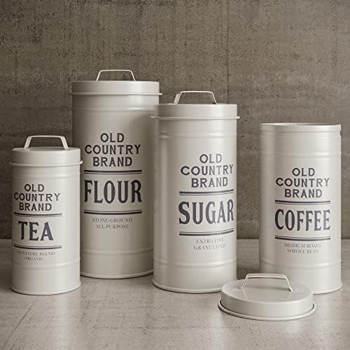  Barnyard Designs Decorative Nesting Kitchen Canister Jars with Lids, White Metal Rustic Vintage Farmhouse Container Decor for Flour Sugar Coffee Tea Storage, Set of 4, Largest is 5