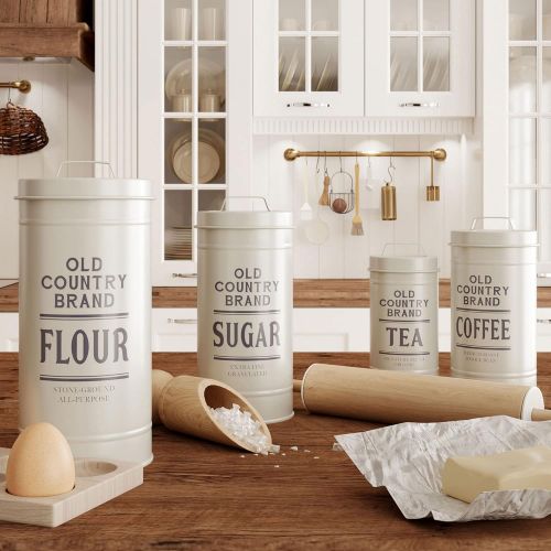  Barnyard Designs Decorative Nesting Kitchen Canister Jars with Lids, White Metal Rustic Vintage Farmhouse Container Decor for Flour Sugar Coffee Tea Storage, Set of 4, Largest is 5