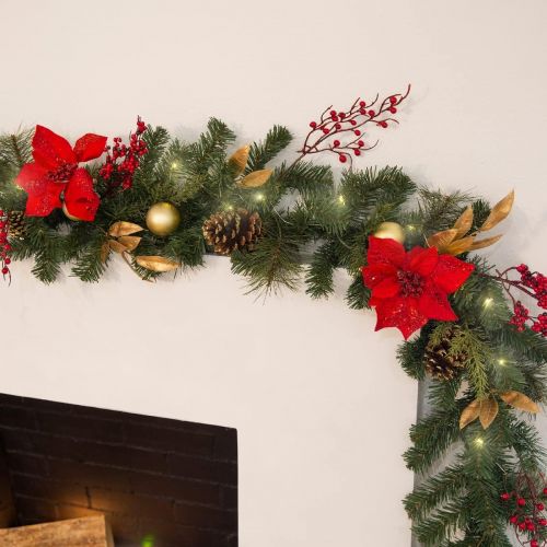  Barton Pre-Lit Artificial Christmas Garland Decor Pine Cones Branches Red Berries Battery Operated Lighted Holiday Home Fireplace (Warm White), 6ft