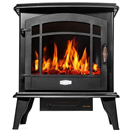  Barton 1500W Standing Vintage Electric Fireplace Stove Heater Infrared Quartz Freestanding 3D Flame Log Stove Firebox, Black