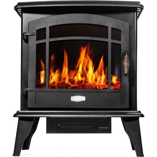  Barton 1500W Standing Vintage Electric Fireplace Stove Heater Infrared Quartz Freestanding 3D Flame Log Stove Firebox, Black