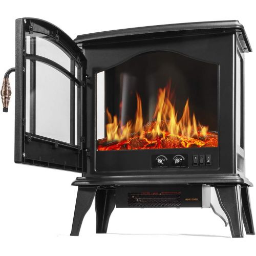  Barton 1500W Standing Vintage Electric Fireplace Stove Heater Infrared Quartz Freestanding 3D Flame Log Stove Firebox, Black