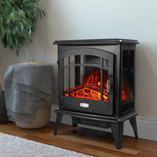  Barton 1500W Standing Vintage Electric Fireplace Stove Heater Infrared Quartz Freestanding 3D Flame Log Stove Firebox, Black