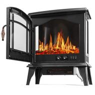 Barton 1500W Standing Vintage Electric Fireplace Stove Heater Infrared Quartz Freestanding 3D Flame Log Stove Firebox, Black