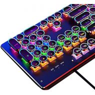 Basaltech Mechanical Light Up Keyboard with LED Backlit, Typewriter Style Gaming Keyboard with 104-Key Blue Switch Round Keycaps, Retro Steampunk Keyboard Metal Panel with Wired US