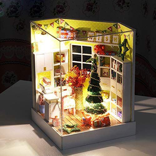  Basde Wooden DIY Dollhouse Miniature House, 3D Puzzles Wooden Handmade Miniature Toys Furniture Kit Mini Green House LED Best Birthday Gifts Women Girls (A)