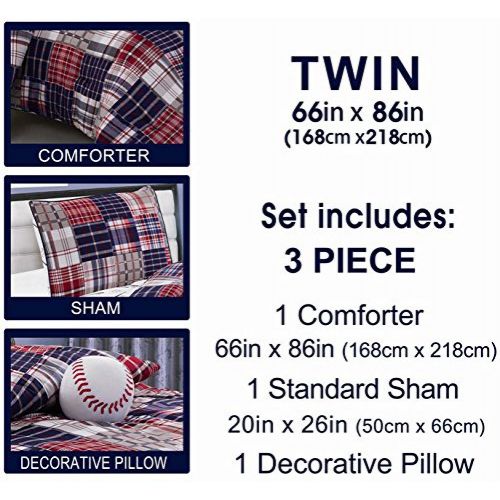  3 Piece Baseball Sports Theme Plaid Red, White and Blue Comforter Set Twin Size Bedding. Works well in your bedroom, Master Room, Boys, Girls, Guest Room and College Dormitory, Gre