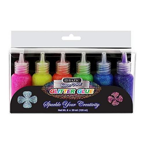  [아마존베스트]Basic 6 Color Glitter Glue Set 20 ml Bottles - NEON Colors - Green, Orange, Pink, Yellow, Blue, and Purple (1 Unit)