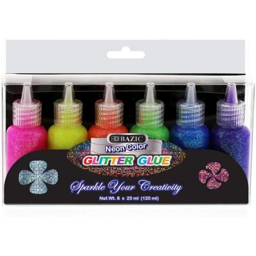  [아마존베스트]Basic 6 Color Glitter Glue Set 20 ml Bottles - NEON Colors - Green, Orange, Pink, Yellow, Blue, and Purple (1 Unit)