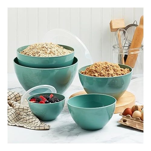  Basic Essentials 10 Piece Plastic Nesting Mixing Bowls with Lids Set for Kitchen, Baking, Meal Prep, Cooking, Space Saving, Food Storage, Multiple Sizes, Fern Green
