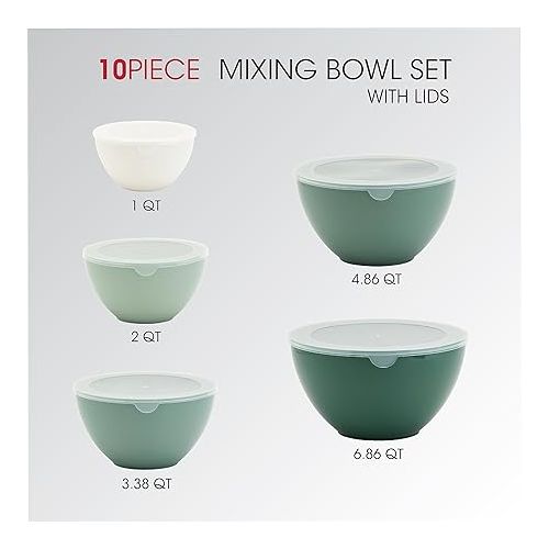 Basic Essentials 10 Piece Plastic Nesting Mixing Bowls with Lids Set for Kitchen, Baking, Meal Prep, Cooking, Space Saving, Food Storage, Multiple Sizes, Gradient Fern Green