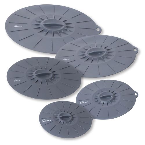  Basic Haus Microwave Cover Silicone Lids - Set of 5: 6 8 10 12 14 - Suction Covers For Pots, Frying Pans, Bowls, Cups, Skillets - Splatter Protection - Easy Food Storage - BPA Free