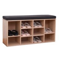 Basicwise QI003385 Natural Wooden Shoe Cubicle Storage Entryway Bench with Soft Cushion for Seating