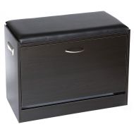 Basicwise QI003384 Black Wooden Fold Organizer-Shoe Storage Bench with Leather Cushion