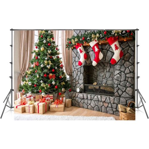  Kate 10x10ft Microfiber Christmas Photography Backdrops Fireplace Garland Seamless Photo Booth Prop Gold Star Bell Christmas Tree Background for Photo Studio