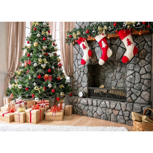  Kate 10x10ft Microfiber Christmas Photography Backdrops Fireplace Garland Seamless Photo Booth Prop Gold Star Bell Christmas Tree Background for Photo Studio