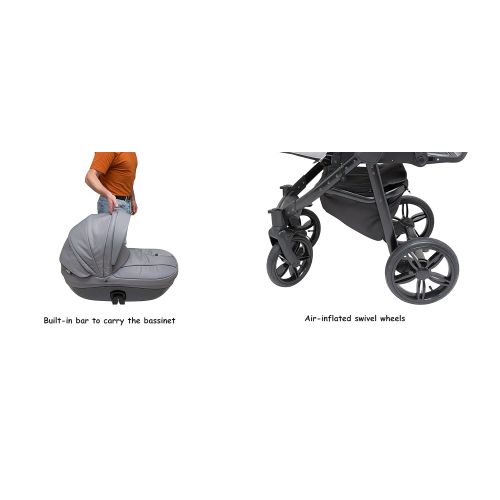  ROAN BASS Stroller with Bassinet and Reversible Seat 2-in-1 (Steely Gray)