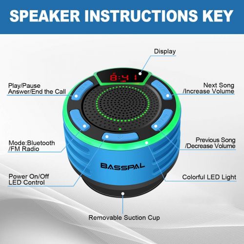  [아마존베스트]Bluetooth Speakers, BassPal IPX7 Waterproof Portable Wireless Shower Speaker with LED Display, FM Radio, Suction Cup, Light Show, TWS, Loud Stereo Sound for Pool Beach Home Party T