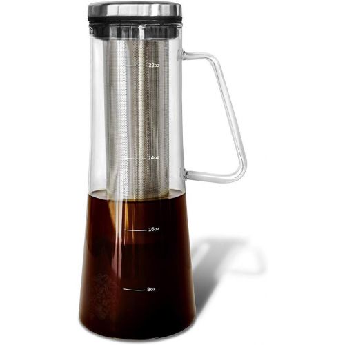  Bassani Home Airtight Cold Brew Iced Coffee Maker and Tea Infuser with Spout Brocca by Bassani 1.0L / 32oz Glass Carafe with Stainless Steel Removable and Reusable Filter