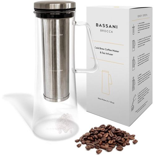  Bassani Home Airtight Cold Brew Iced Coffee Maker and Tea Infuser with Spout Brocca by Bassani 1.0L / 32oz Glass Carafe with Stainless Steel Removable and Reusable Filter